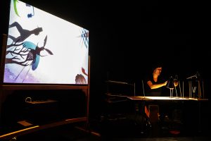 un écran projette les personnages de papier manipulés par une marionettiste