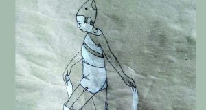 une illustration au crayon d'une enfant trainant un tissu derrière elle