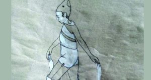 une illustration au crayon d'une enfant trainant un tissu derrière elle